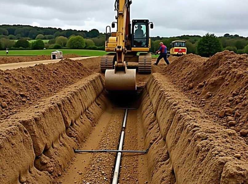 Groundworks contractor in Cornwall conducting site preparation, including excavation and drainage installation for a construction project